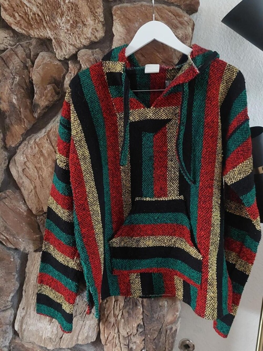 Vintage 90s Traditional Mexican Baja Hoodie | Rasta Striped Woven Pullover Jerga